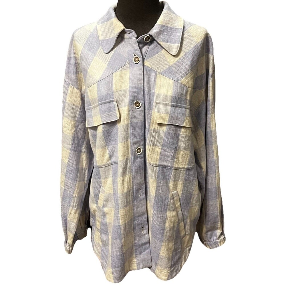 Maeve Anthropology Checked Button Up Large Pockets Purple/Cream Long Sleeve